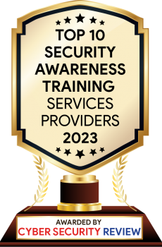 Image of trophy that reads "Top 100 security awareness training services providers 2023, awarded by cybersecurity review."