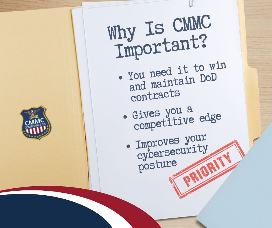 Graphic that reads "Why Is CMMC Important? You need it to win and maintain DoD contracts, Gives you a competitive edge, and Improves your cybersecurity posture.