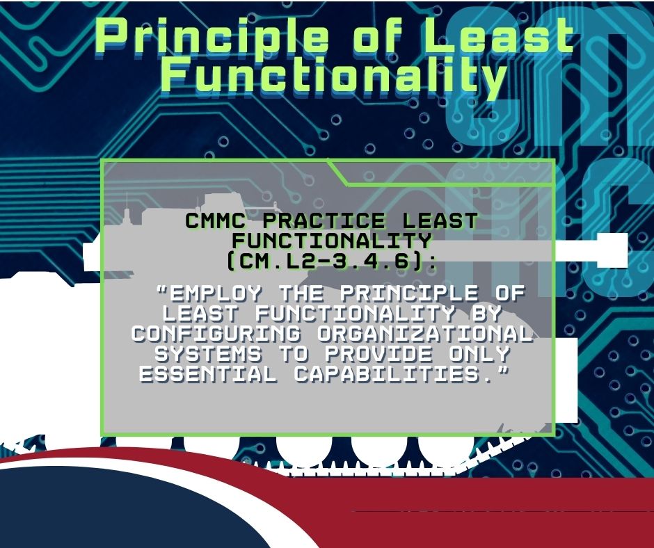 Graphic that reads "CMMC Practice Least Functionality (CM.L2-3.4.6): Employ the principle of least functionality by configuring organizational systems to provide only essential capabilities."