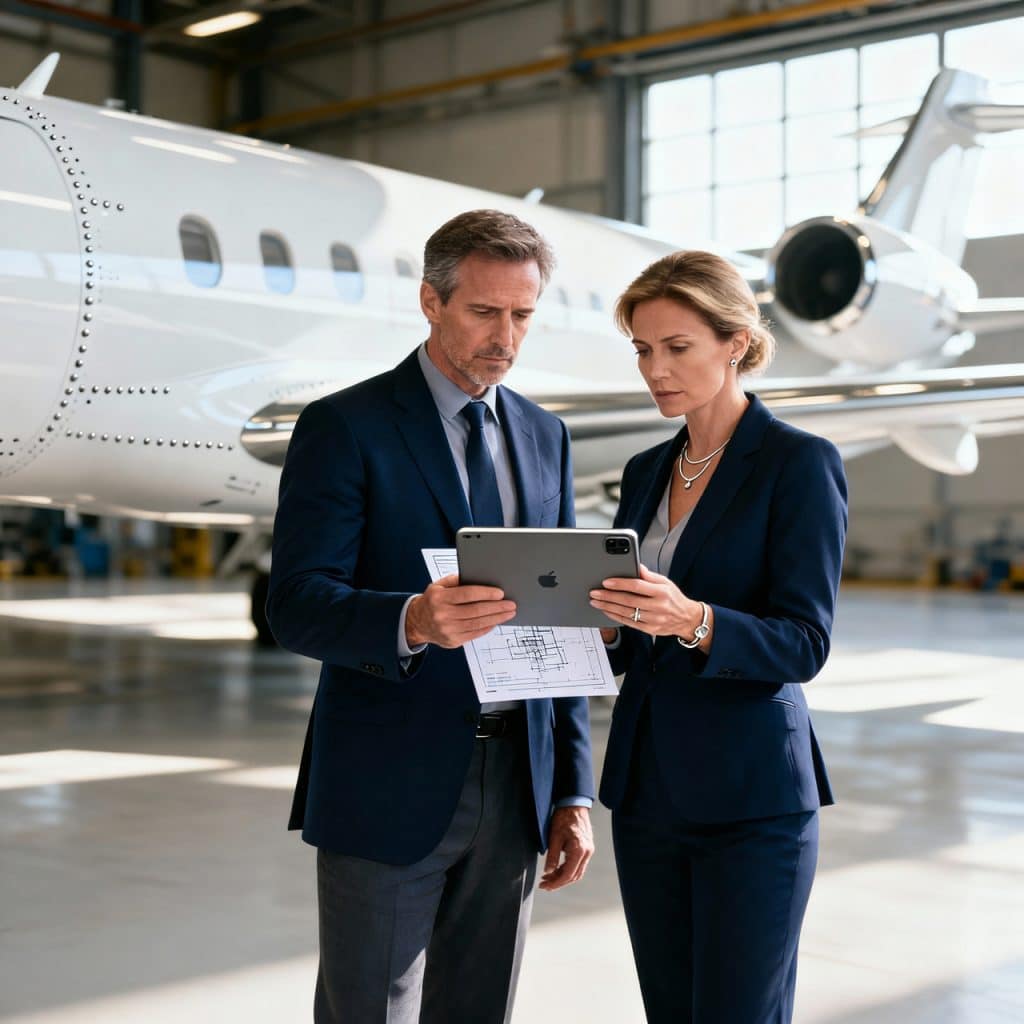 Senior consultants reviewing Defense & Aerospace Compliance protocols on a digital tablet inside a modern aircraft hangar.