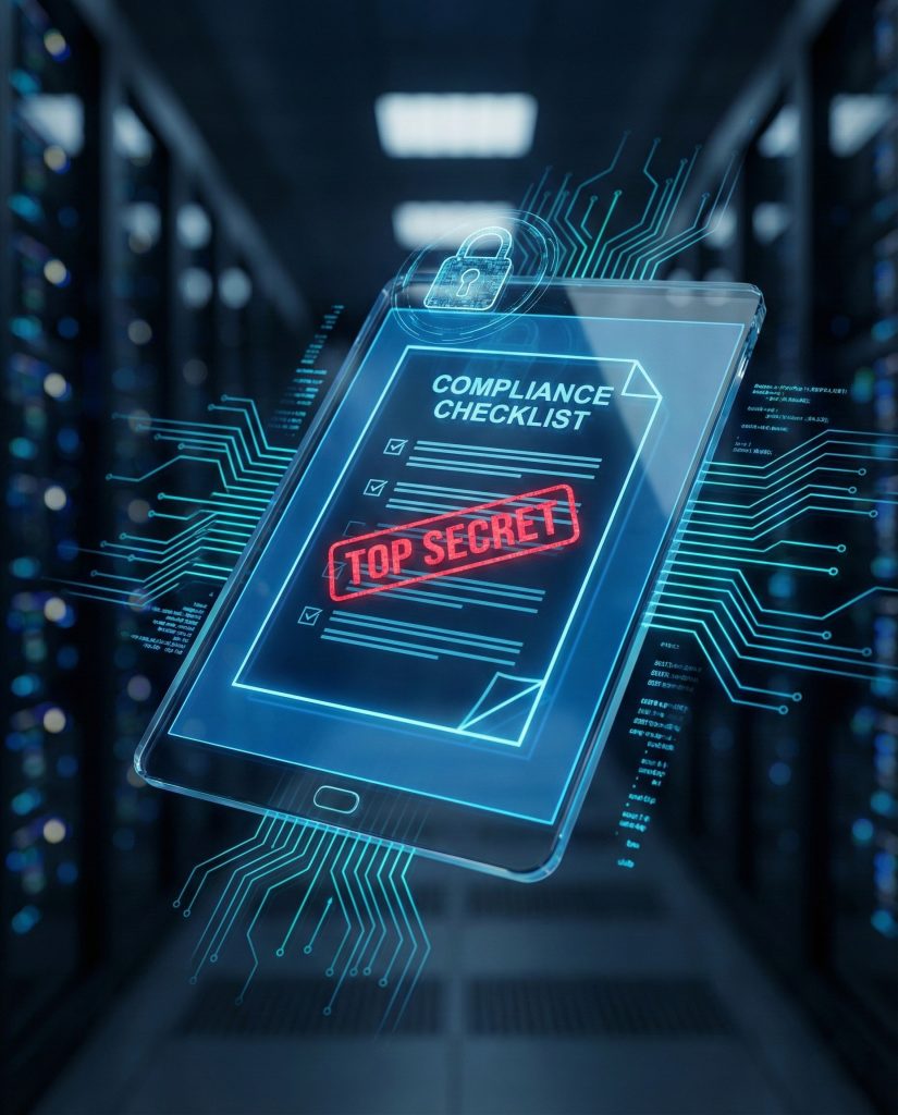 Digital holographic tablet displaying a Top Secret CMMC compliance checklist for Microsoft Azure Government auditing.