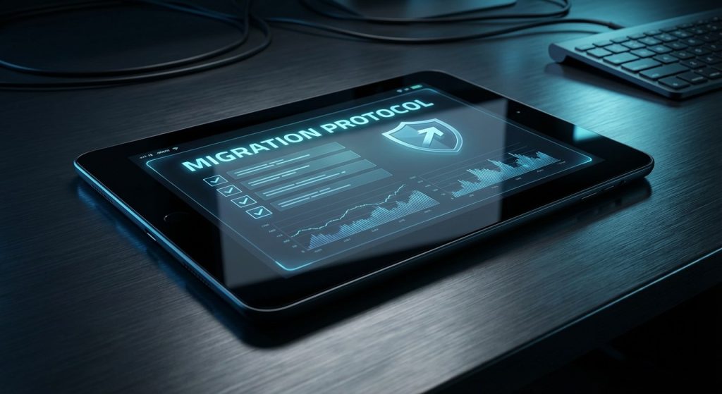 Digital tactical tablet displaying a downloadable gcc high comparison checklist and CMMC migration protocol.