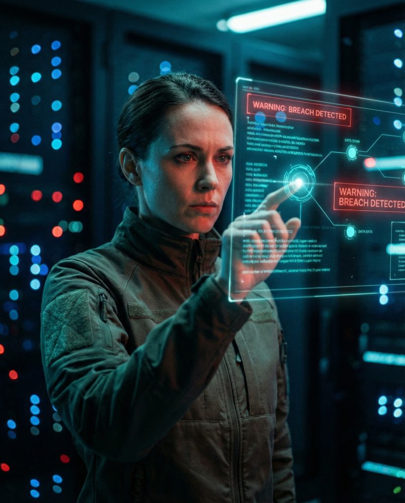 xpert technician analyzing system vulnerabilities on a holographic interface, highlighting the 93% failure risk in commercial clouds before a Microsoft GCC Migration.