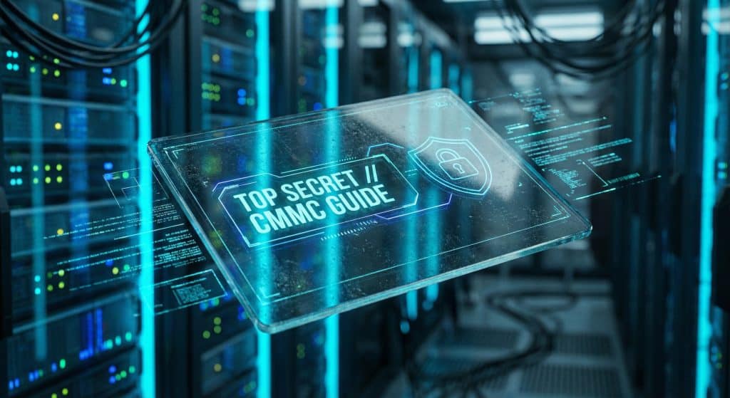 Secure digital tablet displaying the CMMC readiness checklist for a successful Microsoft GCC High migration.