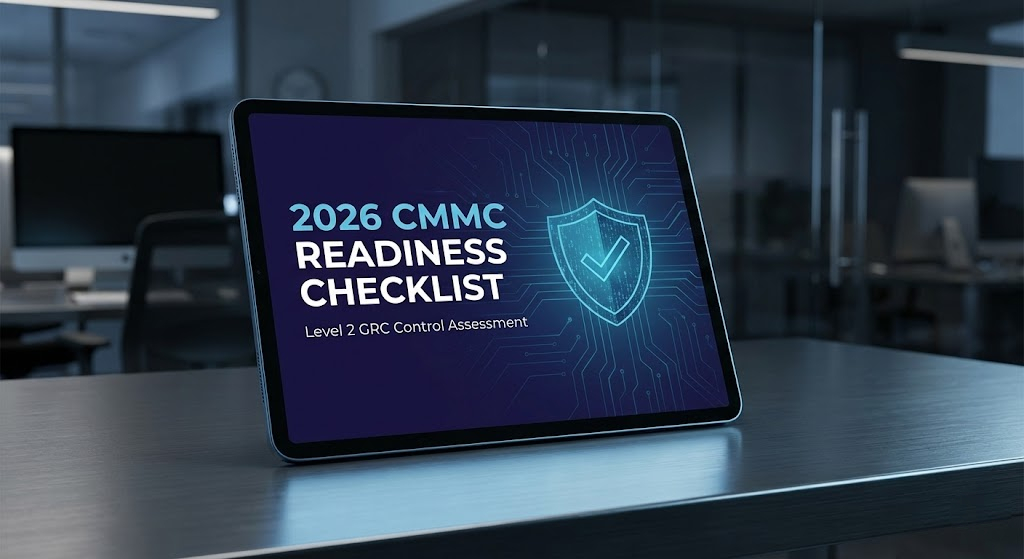 Digital tablet displaying the 2026 CMMC Readiness Checklist and Level 2 GRC Control Assessment guide for audit preparation.