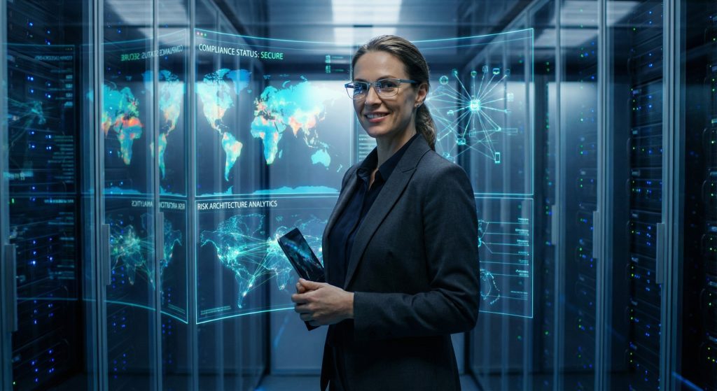 Cybersecurity expert in a high-tech server room managing an automated GRC Platform Solutions compliance platform.