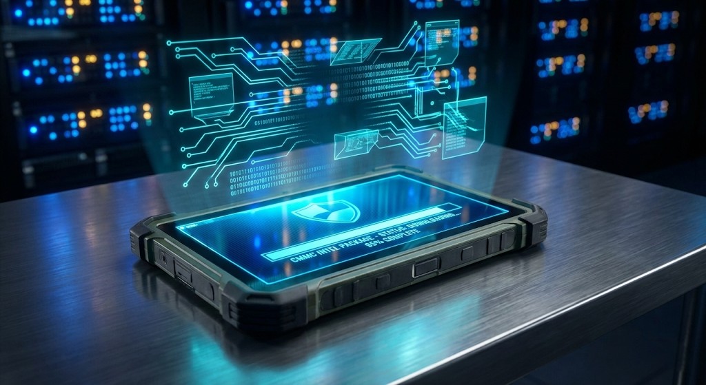 Rugged tablet displaying checklist for MSSP for Defense Contractors CMMC audit