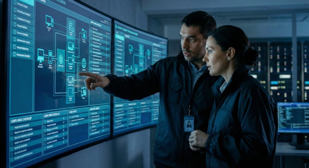 Two senior defense compliance experts collaborating in a server room, representing the human partnership central to our story.