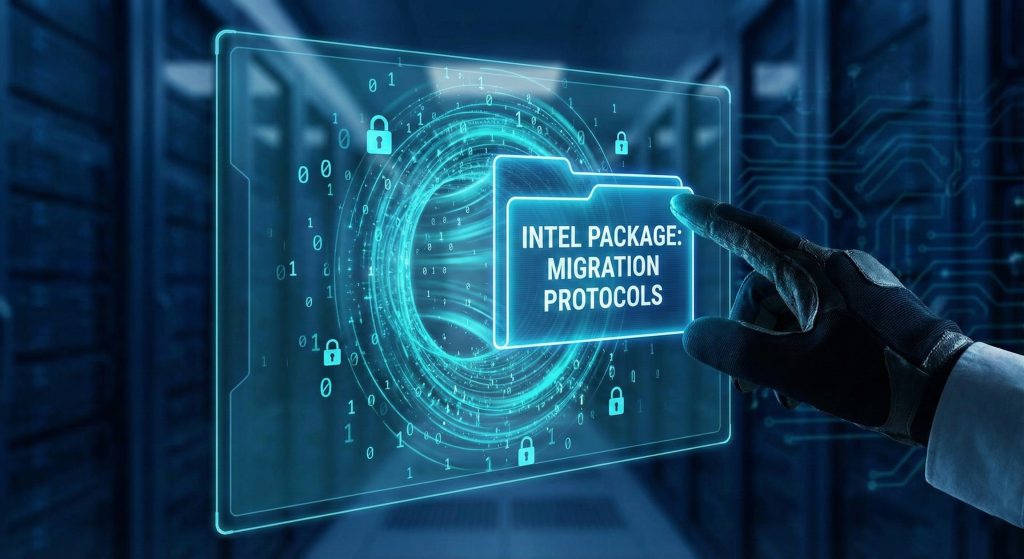 Secure holographic data interface representing encrypted Migration Services protocols and CMMC intelligence