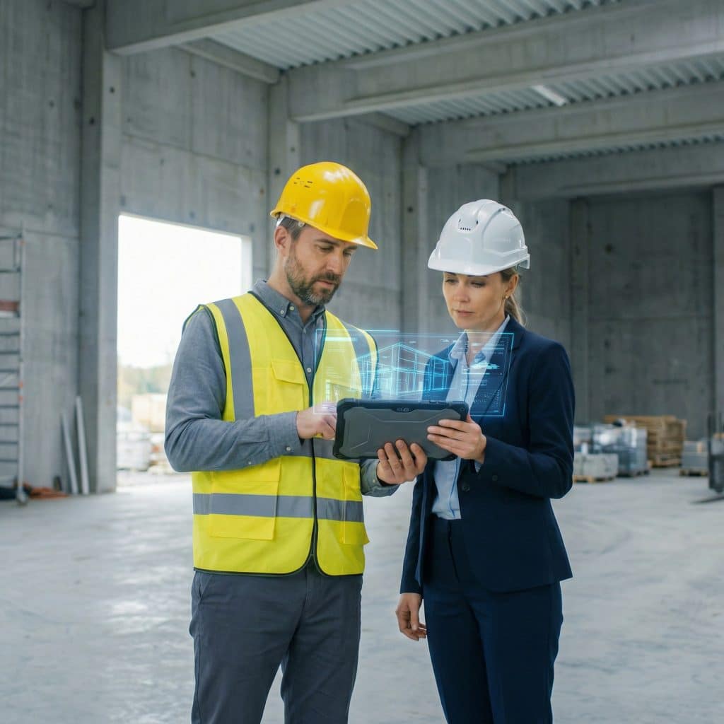 Engineers reviewing secure digital plans on a rugged tablet to ensure onsite construction facilities compliance