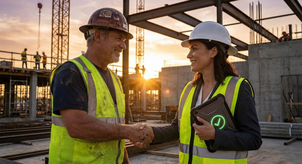 Superintendent and security partner shaking hands after achieving construction facilities compliance on a job site