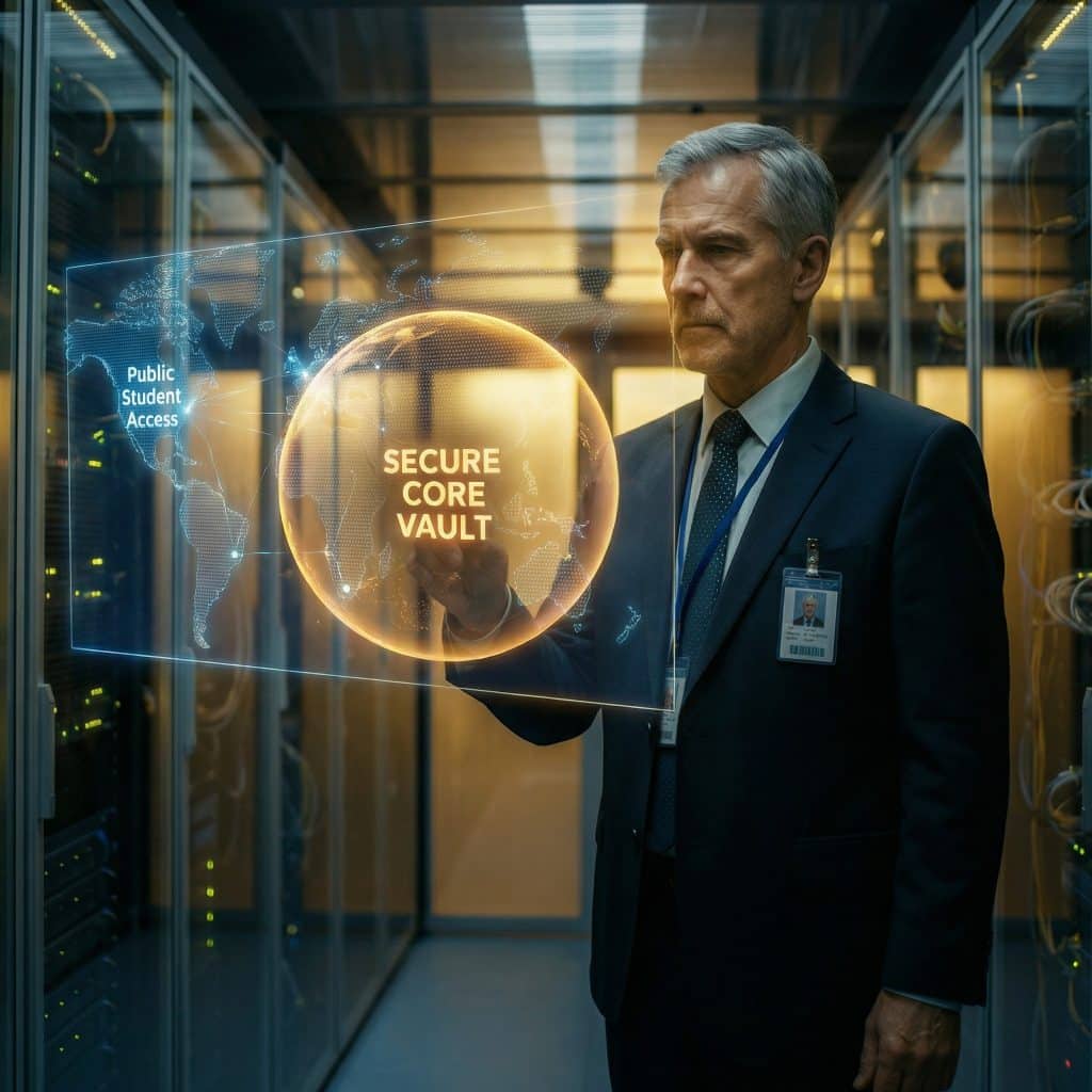 Security director analyzing a holographic network map that separates public student access from sensitive data for education & training compliance.