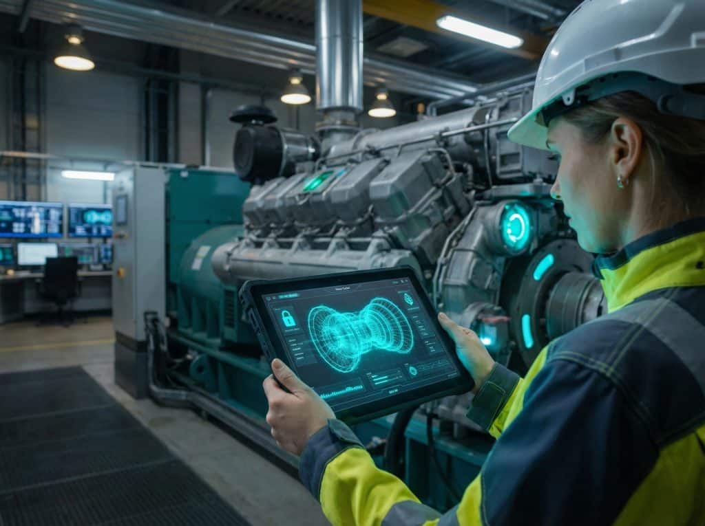 Industrial engineer inspecting power plant turbine using a secure tablet with holographic data interface.
