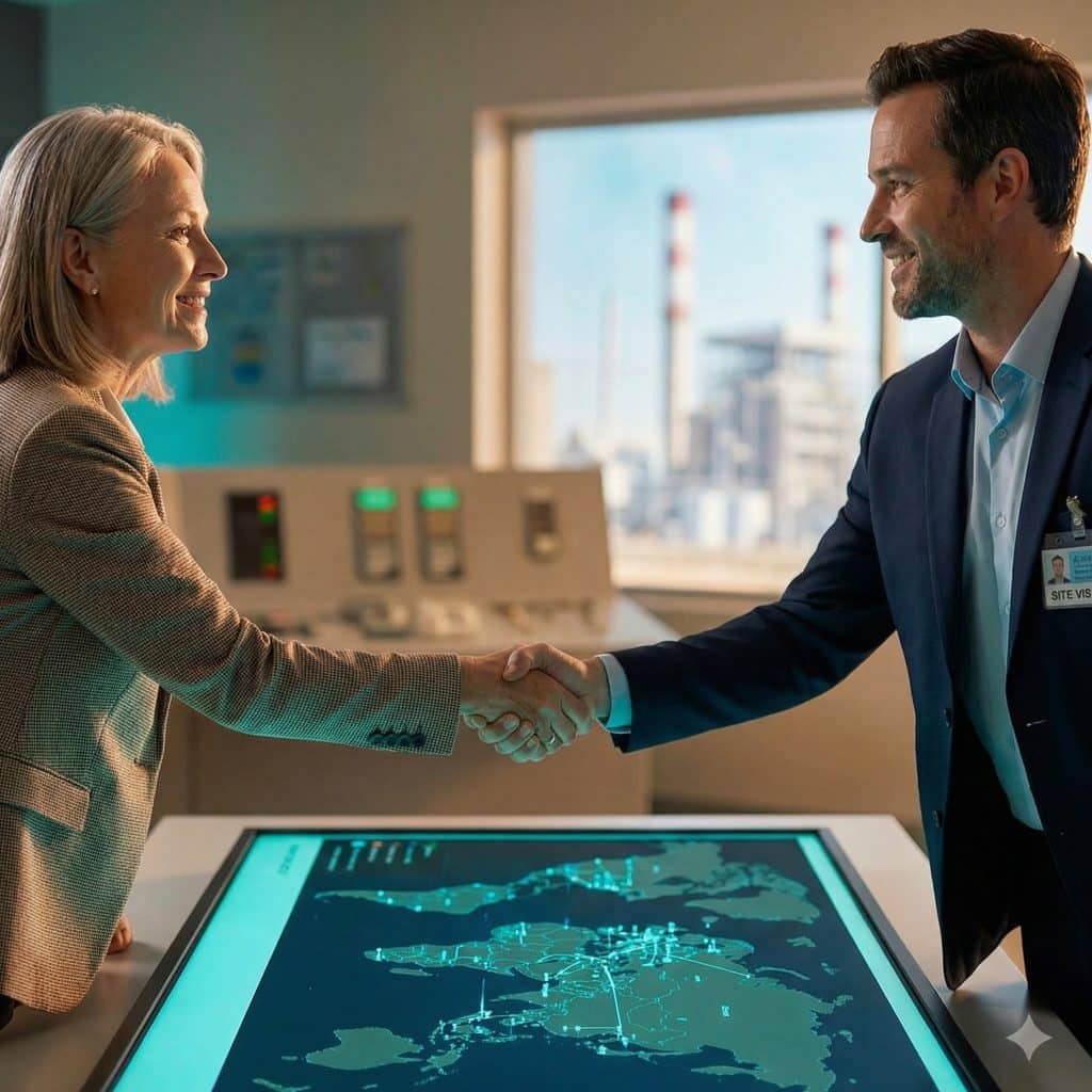 Energy utilities compliance sector professionals shaking hands in a modern control room, finalizing a compliance strategy.