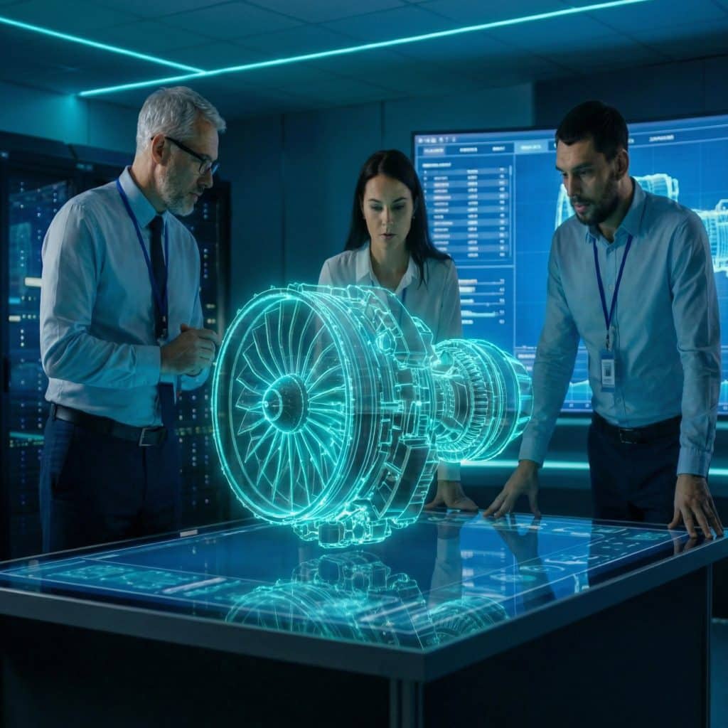 Engineering compliance team collaborating on a 3D holographic turbine model demonstrating secure CAD performance.
