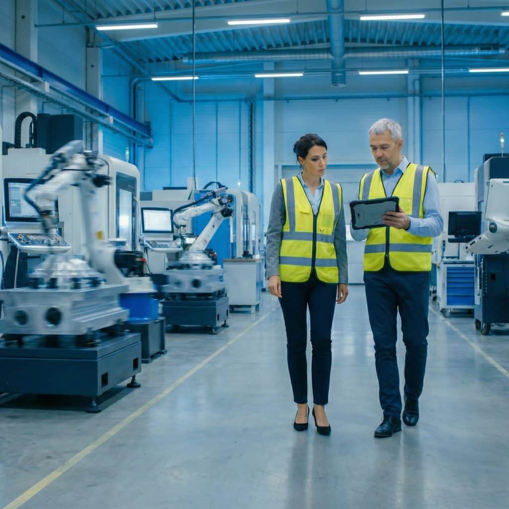 Cybersecurity experts conducting a defense manufacturing compliance assessment on a factory floor.