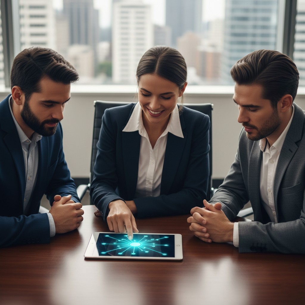 Professional Certified RPO team discussing a strategic compliance roadmap to achieve CMMC Level 1 success in a modern defense office.