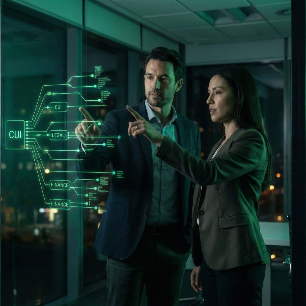 Two consultants analyzing a strategic roadmap for professional services compliance on a high-tech glass wall.