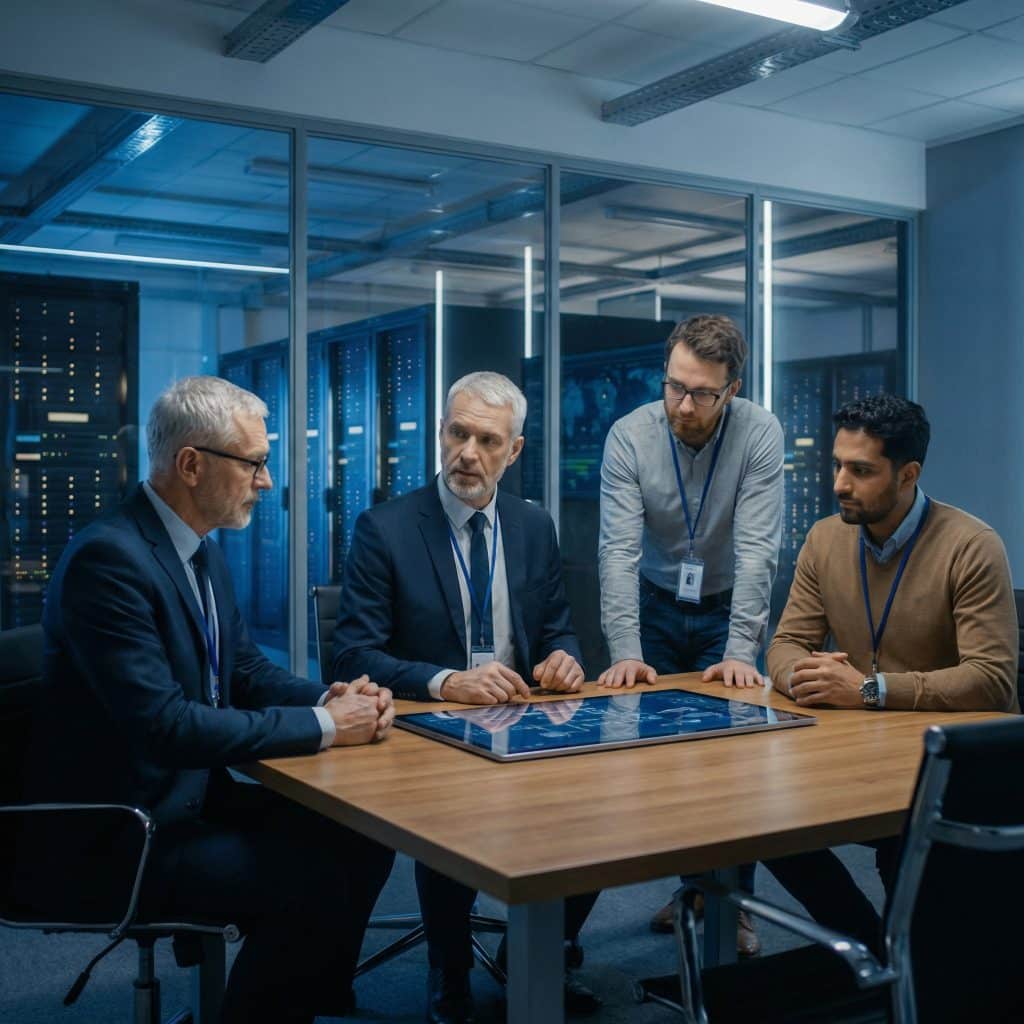 Consultants reviewing network architecture plans for telecommunications compliance in a secure data center meeting room.