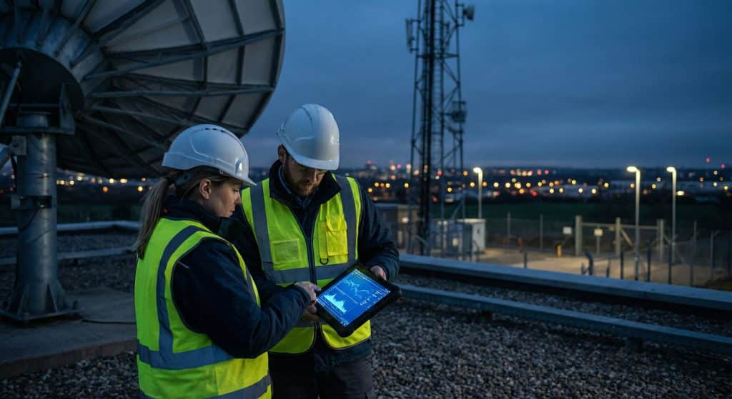 Field engineers performing network diagnostics on a rugged tablet near a satellite dish to ensure telecommunications compliance.