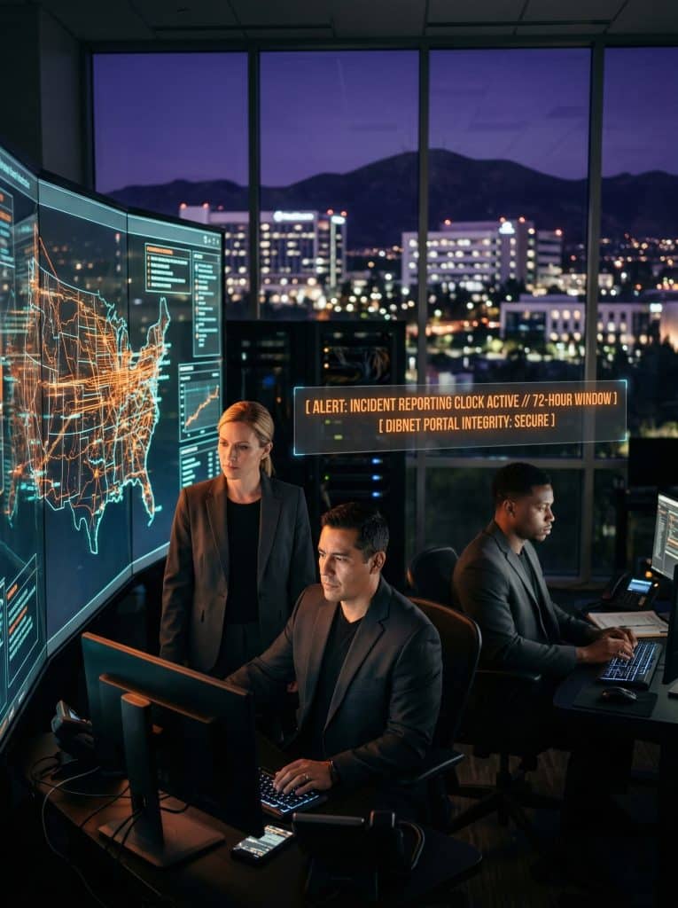 Cybersecurity operations team walking through high-tech command center near Yorba Linda, CA with digital threat intelligence dashboards in the background