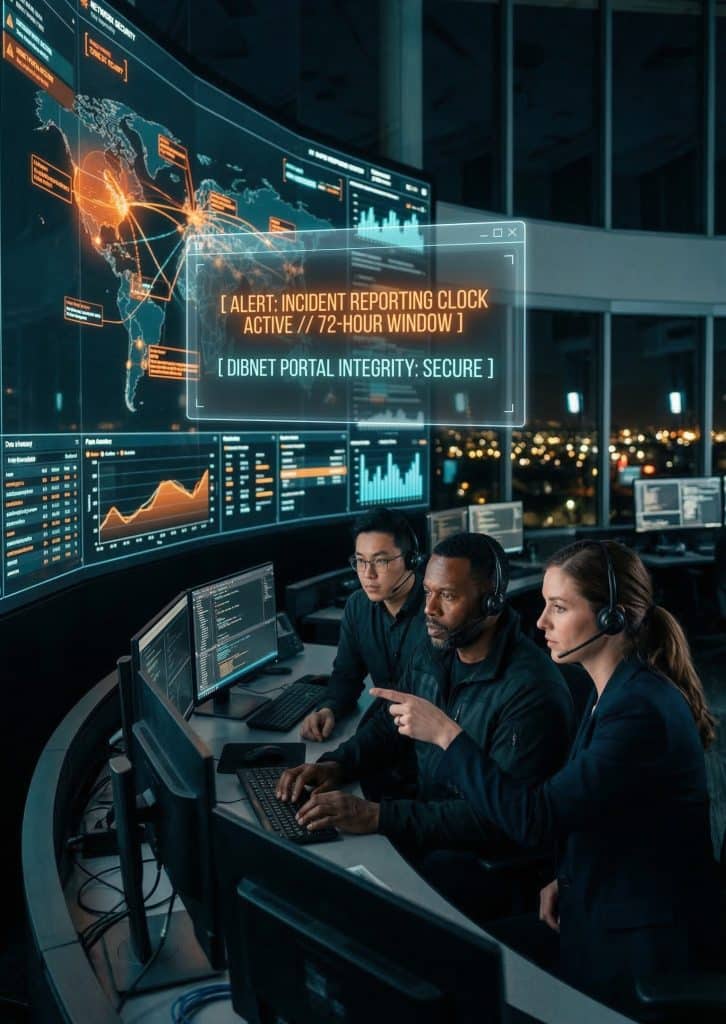 Cybersecurity operations team walking through high-tech command center near Aliso Viejo, CA with digital threat intelligence dashboards in the background