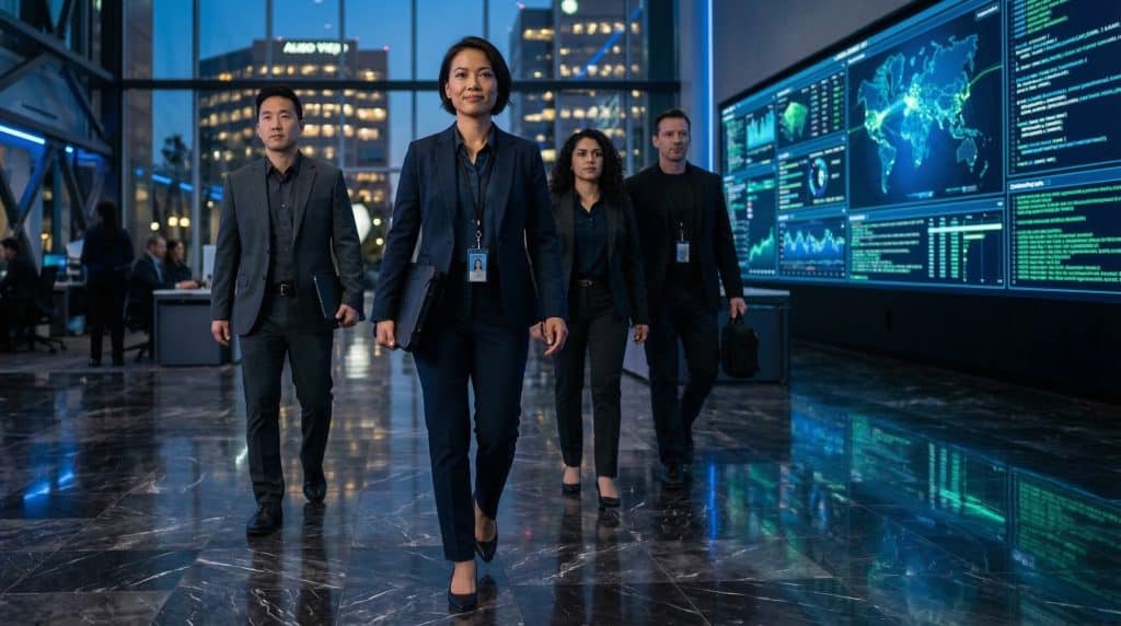 Cybersecurity operations team walking through high-tech command center near Aliso Viejo CA with digital threat intelligence dashboards in background