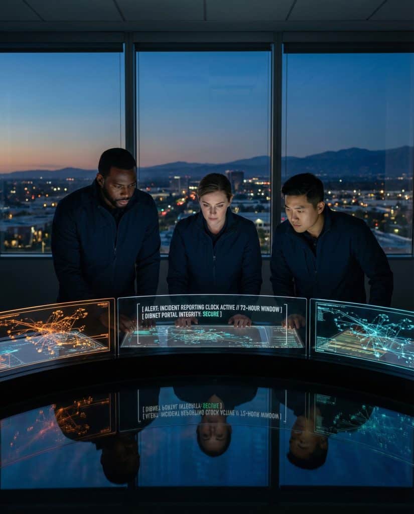 Cybersecurity operations team walking through high-tech command center near Anaheim CA with digital threat intelligence dashboards in background