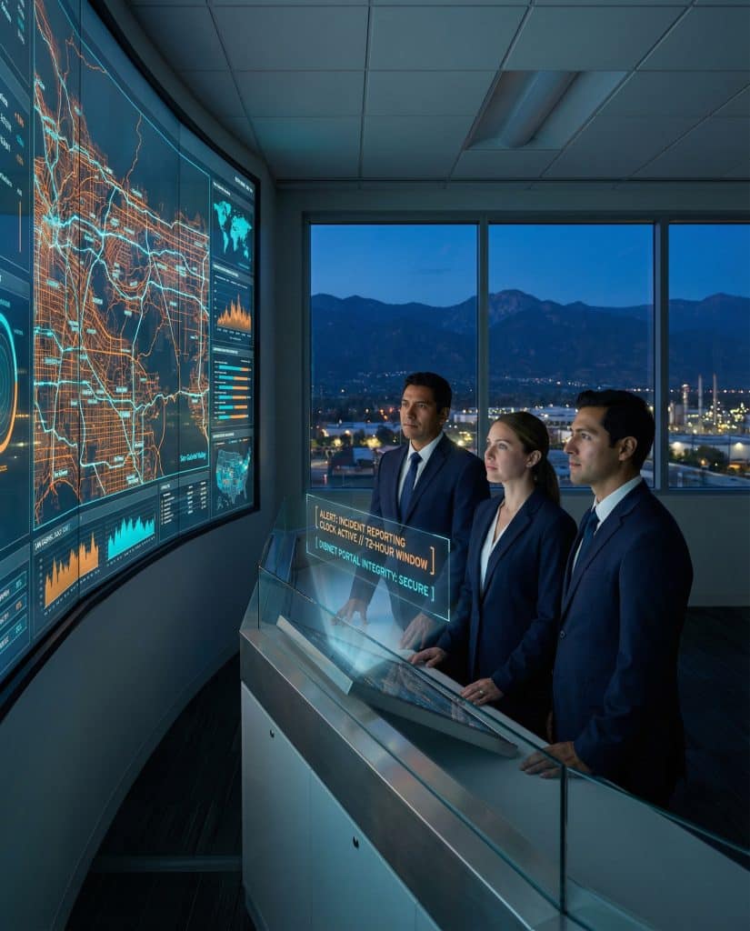 Cybersecurity operations team walking through high-tech command center near Azusa, CA with digital threat intelligence dashboards in the background