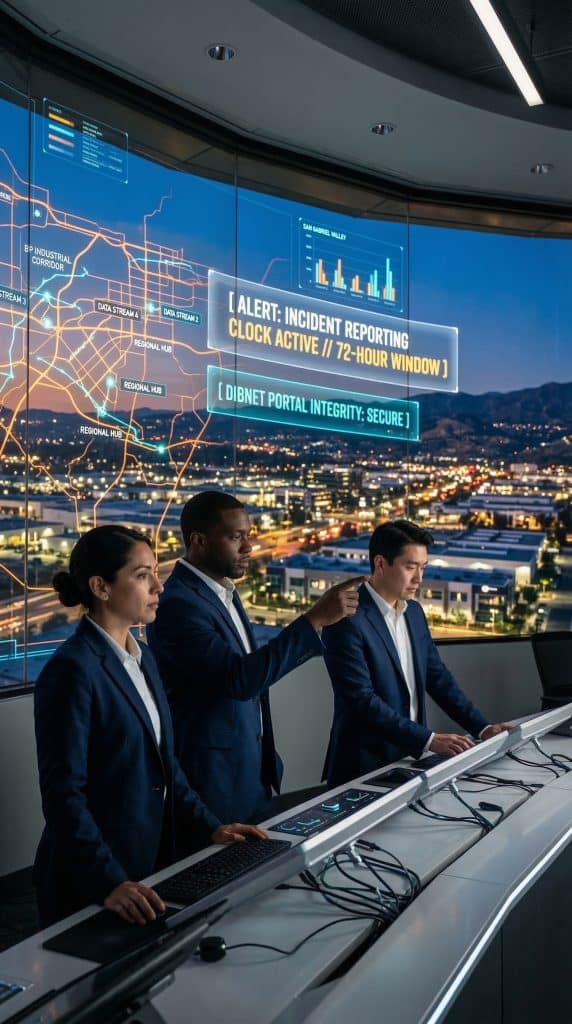 Cybersecurity operations team walking through high-tech command center near Baldwin Park, CA with digital threat intelligence dashboards in the background
