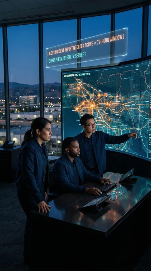 Cybersecurity operations team walking through high-tech command center near Beverly Hills, CA with digital threat intelligence dashboards in the background