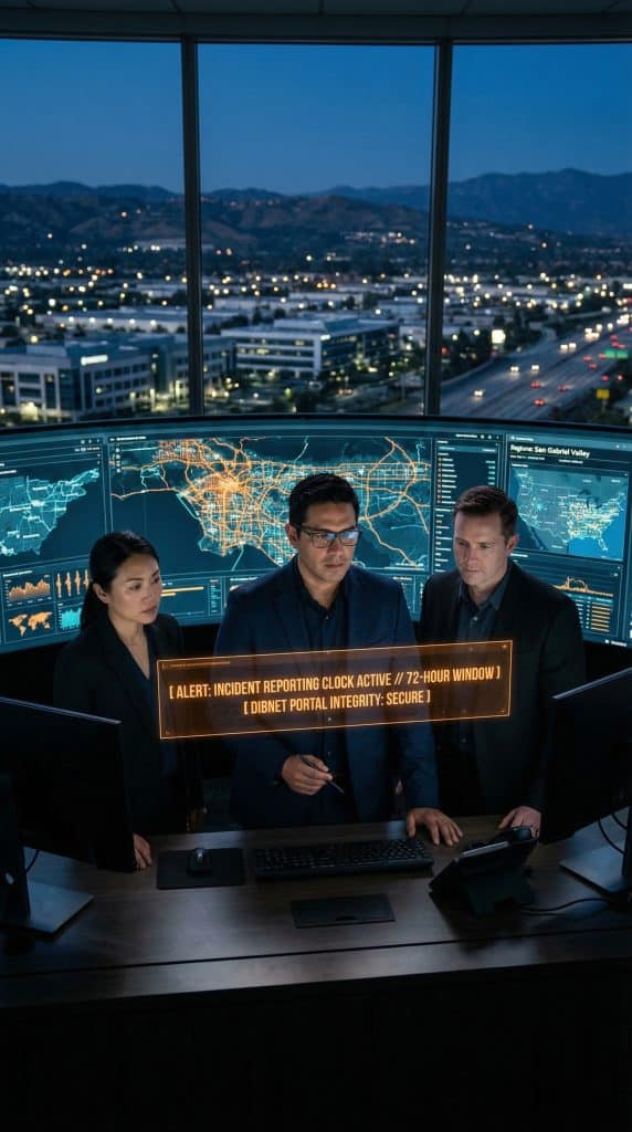 Cybersecurity operations team walking through high-tech command center near Billings, MT with digital threat intelligence dashboards in the background