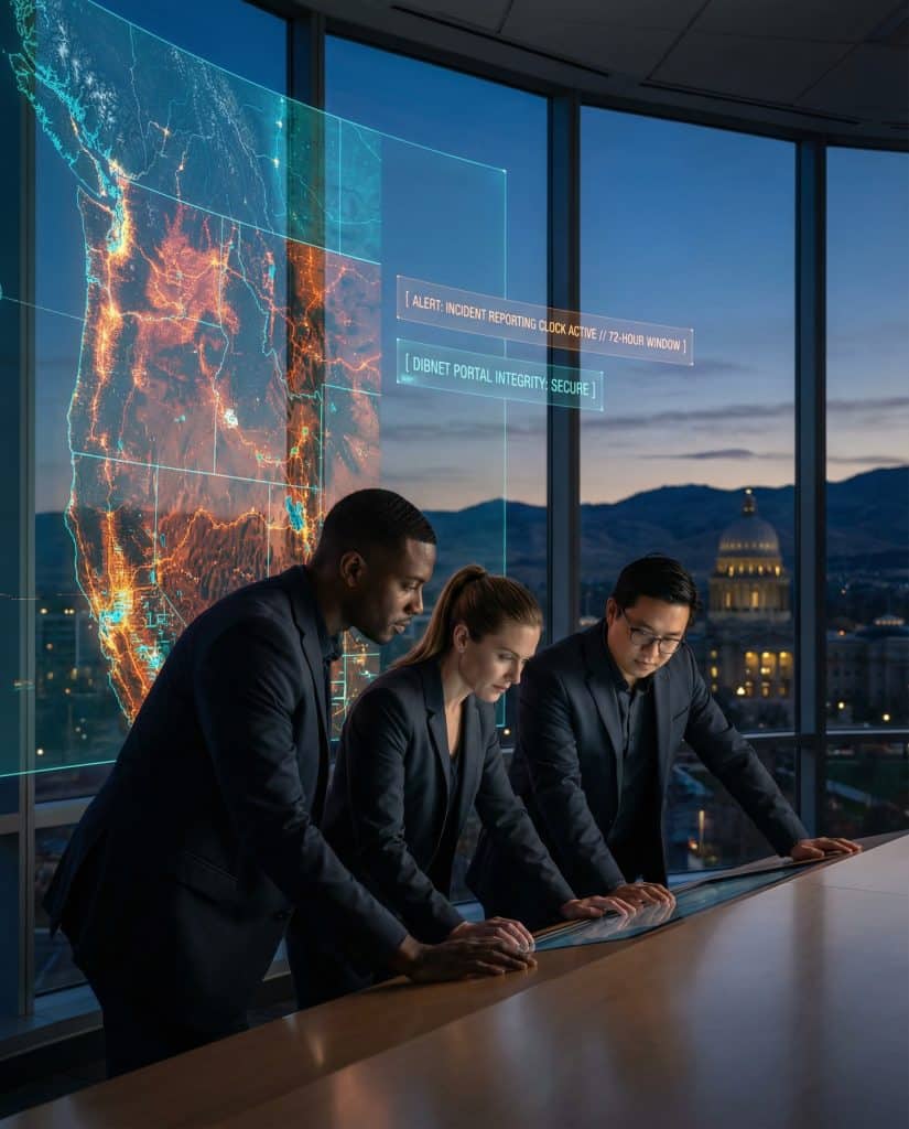 Cybersecurity operations team walking through high-tech command center near Boise, ID with digital threat intelligence dashboards in the background