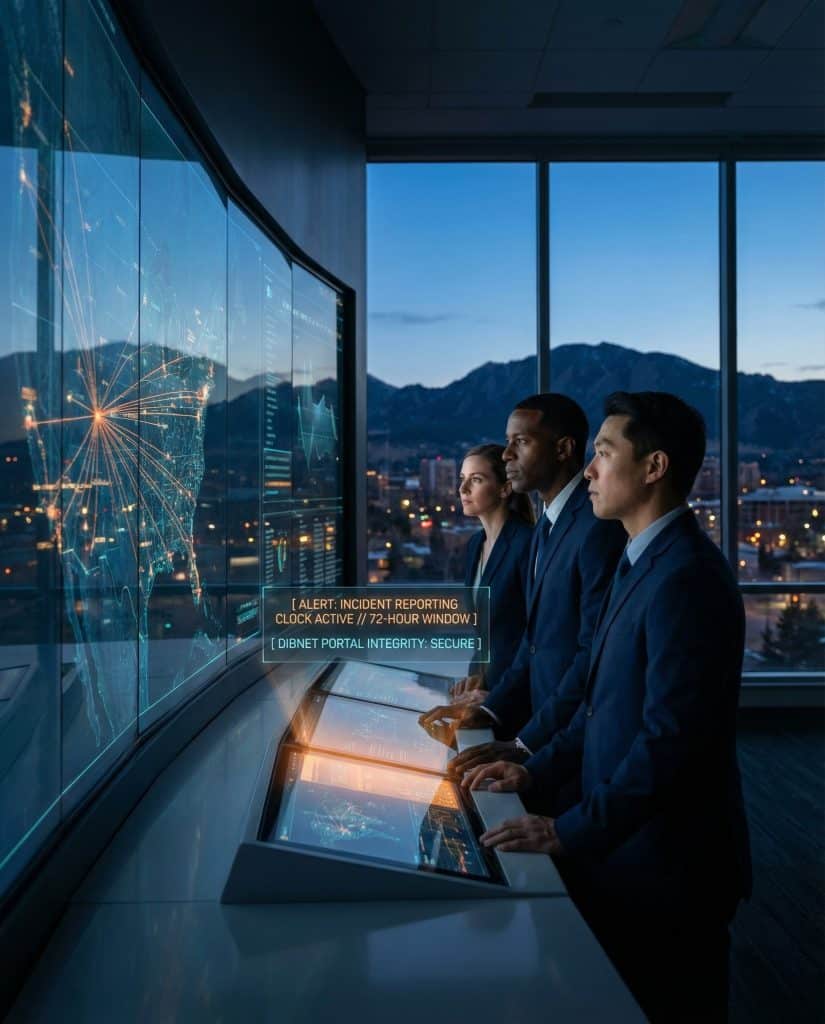 Cybersecurity operations team walking through high-tech command center near Boulder, CO with digital threat intelligence dashboards in the background