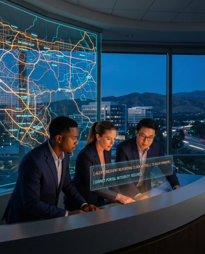 Cybersecurity operations team walking through high-tech command center near Brea, CA with digital threat intelligence dashboards in the background