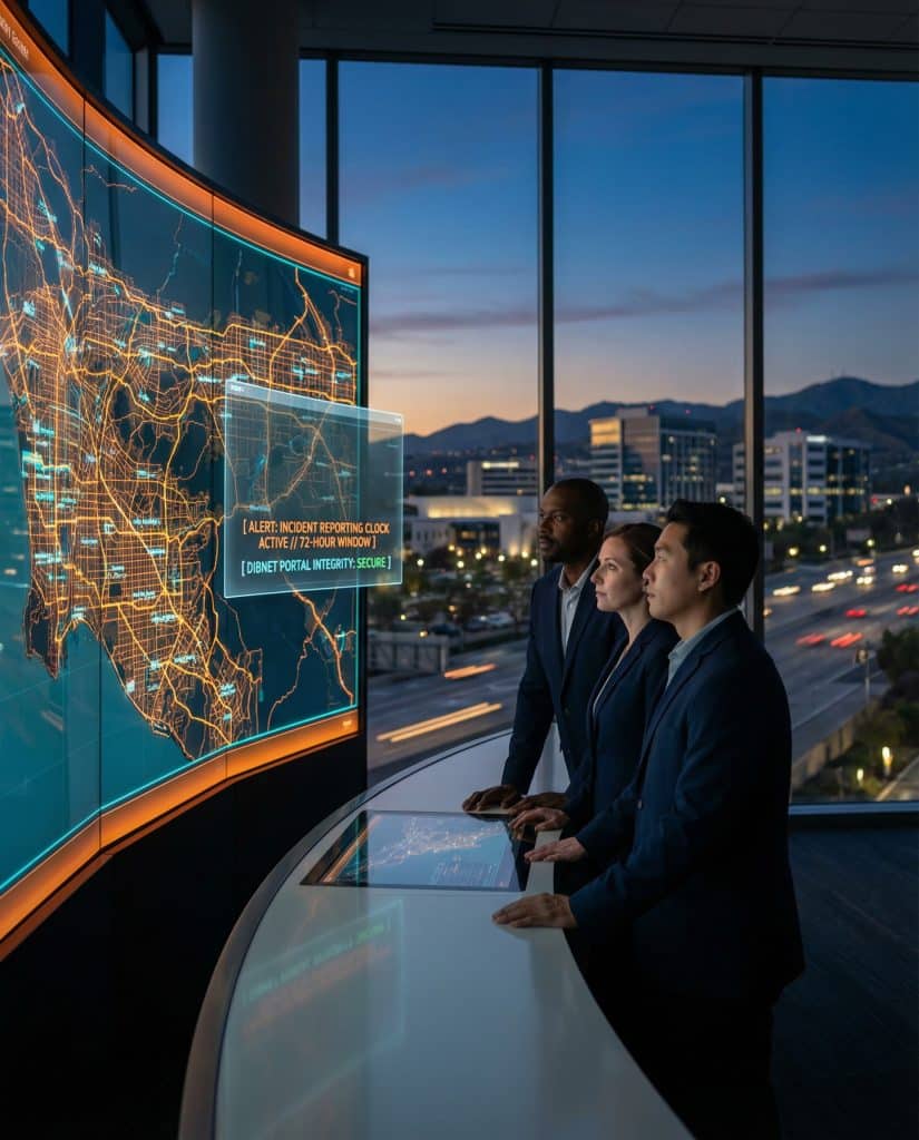 Cybersecurity operations team walking through high-tech command center near Burbank, CA with digital threat intelligence dashboards in the background