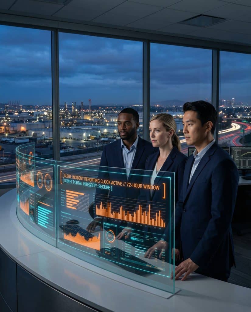 Cybersecurity operations team walking through high-tech command center near Carson, CA with digital threat intelligence dashboards in the background