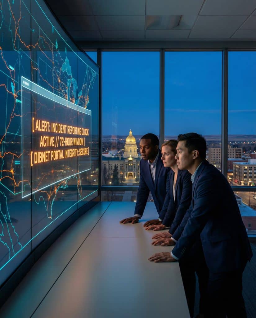 Cybersecurity operations team walking through high-tech command center near Cheyenne, WY with digital threat intelligence dashboards in the background