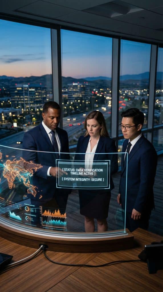 Cybersecurity operations team walking through high-tech command center near Chino Hills,CA with digital threat intelligence dashboards in the background