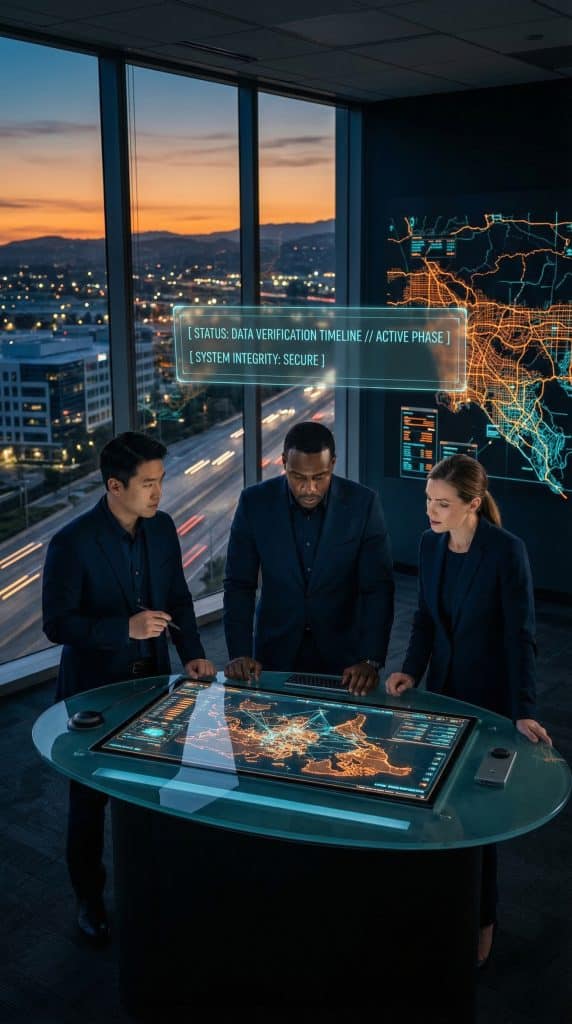 Cybersecurity operations team walking through high-tech command center near City of Industry,CA with digital threat intelligence dashboards in the background