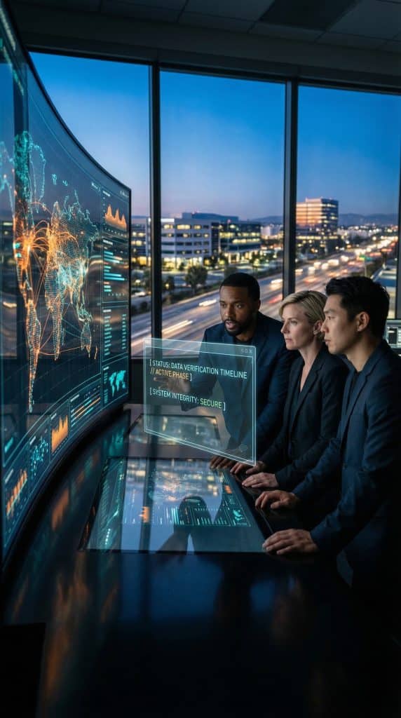Cybersecurity operations team walking through high-tech command center near Compton, CA with digital threat intelligence dashboards in the background