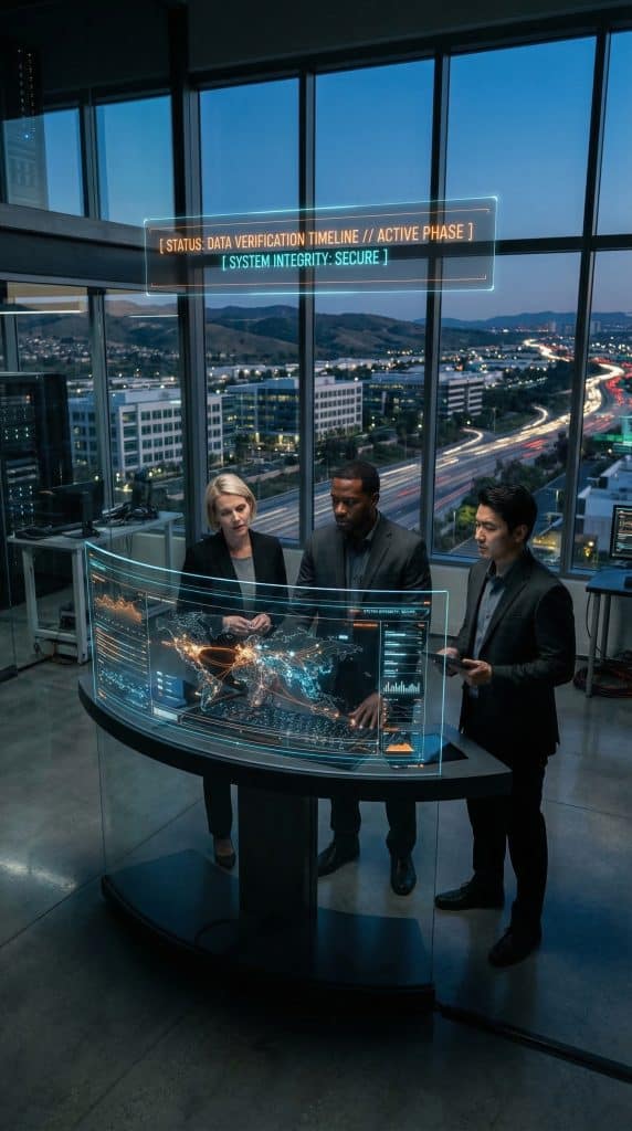 Cybersecurity operations team walking through high-tech command center near Corona, CA with digital threat intelligence dashboards in the background