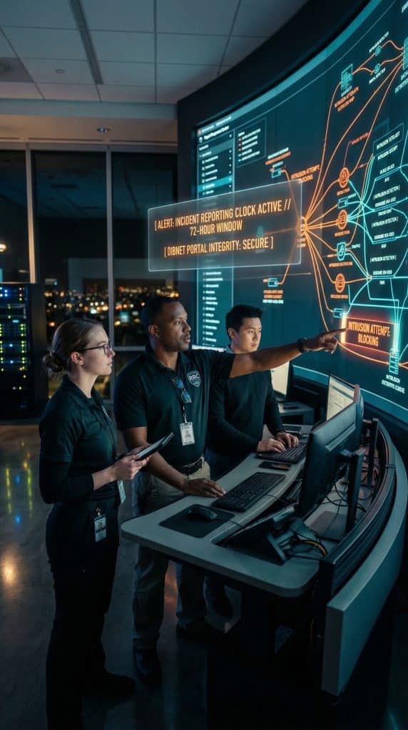 Cybersecurity operations team walking through high-tech command center near Costa Mesa, CA with digital threat intelligence dashboards in the background