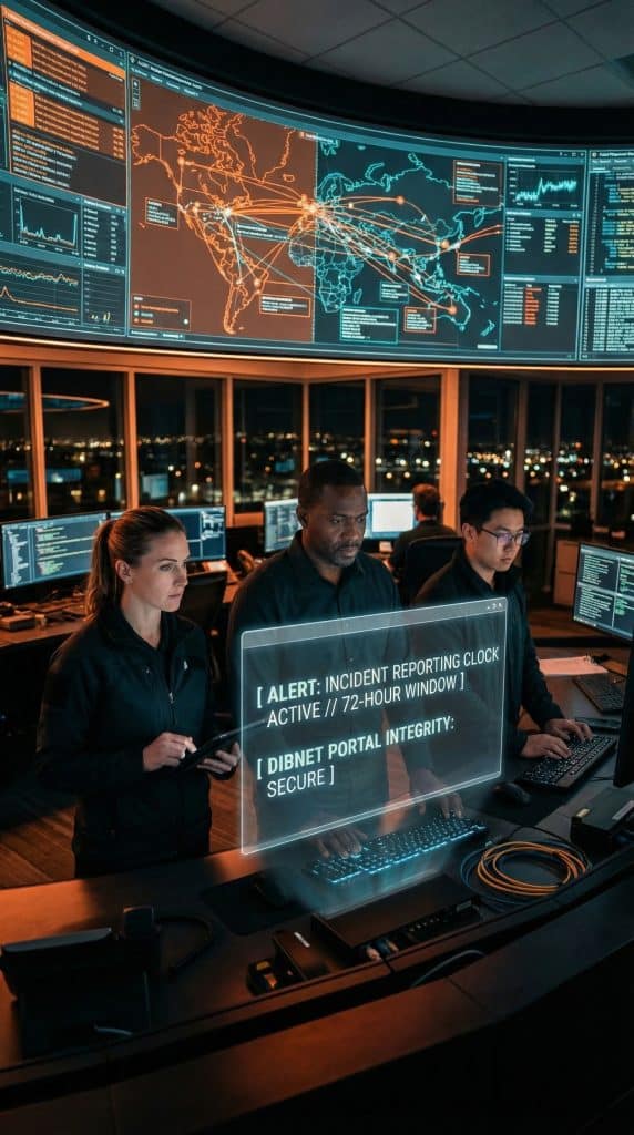 Cybersecurity operations team walking through high-tech command center near Covina, CA with digital threat intelligence dashboards in the background