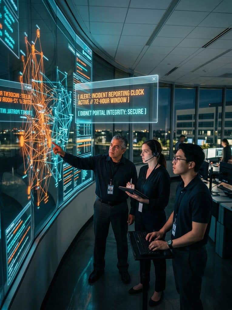 Cybersecurity operations team walking through high-tech command center near Cypress, CA with digital threat intelligence dashboards in the background