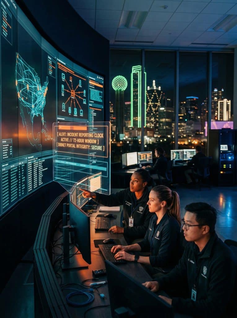 Cybersecurity operations team walking through high-tech command center near Dallas, TX with digital threat intelligence dashboards in the background