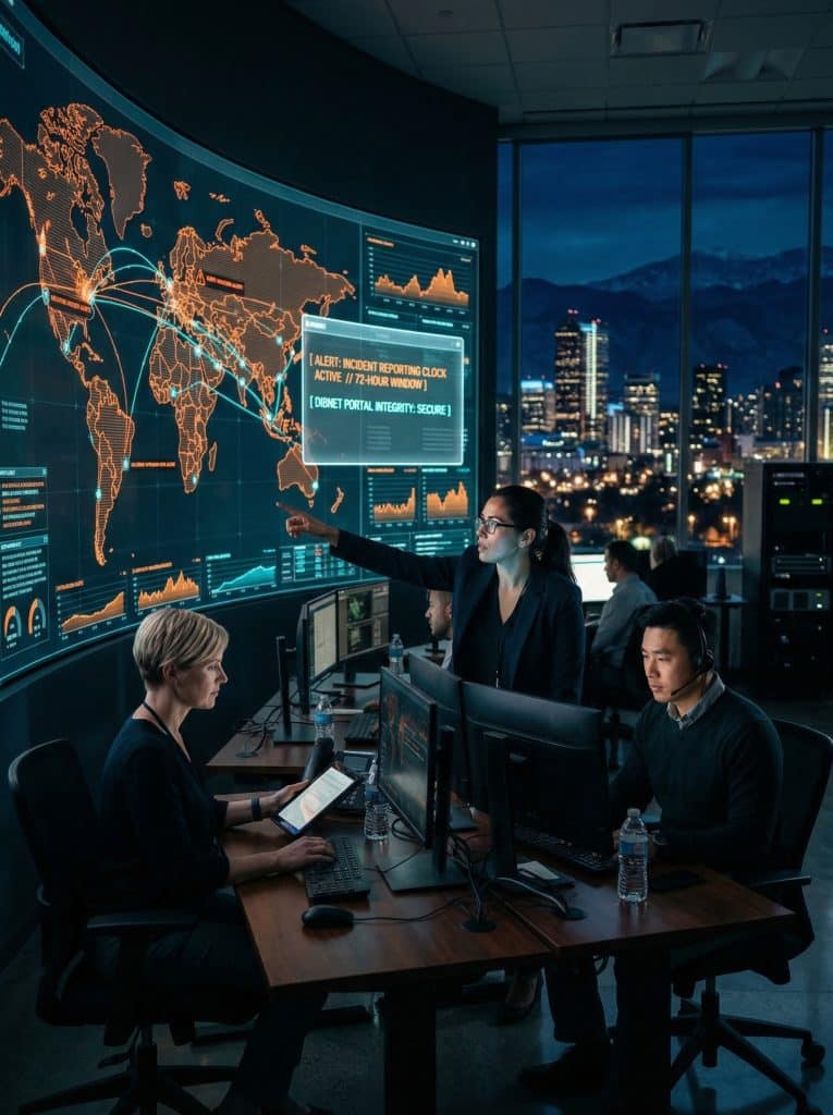 Cybersecurity operations team walking through high-tech command center near Denver, CO, CA with digital threat intelligence dashboards in the background