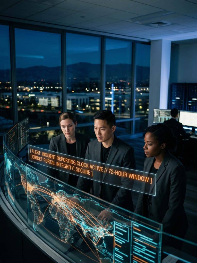 Cybersecurity operations team walking through high-tech command center near San Jose, CA with digital threat intelligence dashboards in the background