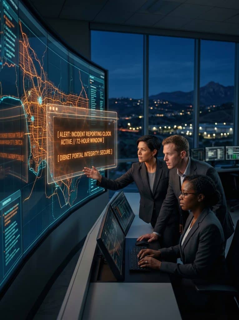 Cybersecurity operations team walking through high-tech command center near San Juan Capistrano, CA with digital threat intelligence dashboards in the background