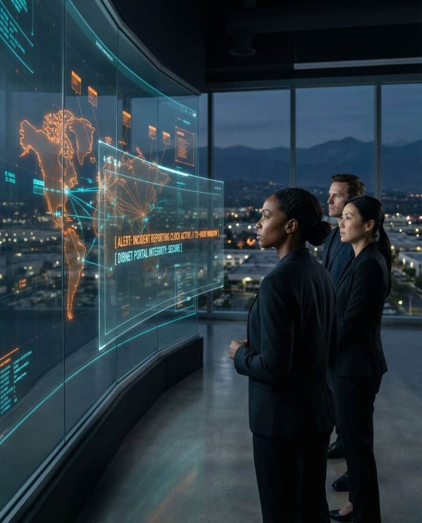 Cybersecurity operations team walking through high-tech command center near Downey, CA with digital threat intelligence dashboards in the background